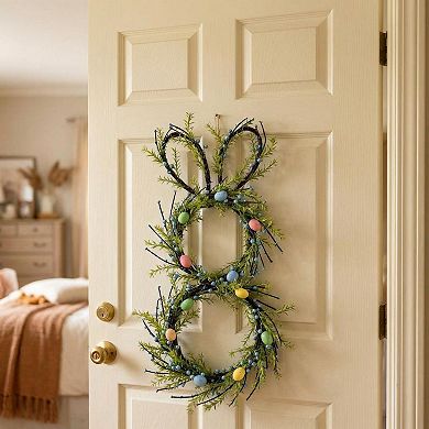 30" Spring Easter Wreath with Colorful Eggs, Greenery Artificial Rabbit Decor for Outside Wall