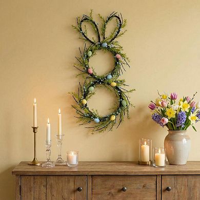30" Spring Easter Wreath with Colorful Eggs, Greenery Artificial Rabbit Decor for Outside Wall