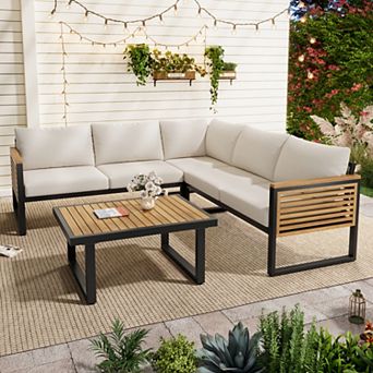 Outdoor 4 pc Acacia Wood & Metal Patio Sofa Corner Set with Beige Cushions