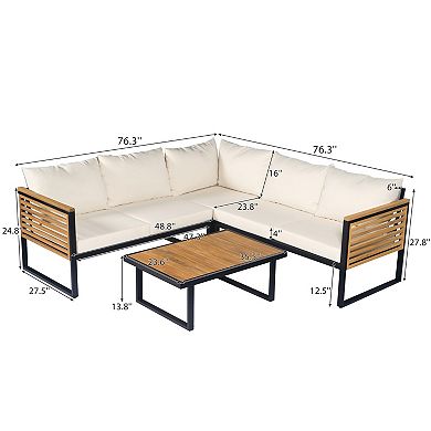 Outdoor 4-Piece Acacia Wood & Metal Patio Sofa Corner Set with Beige Cushions