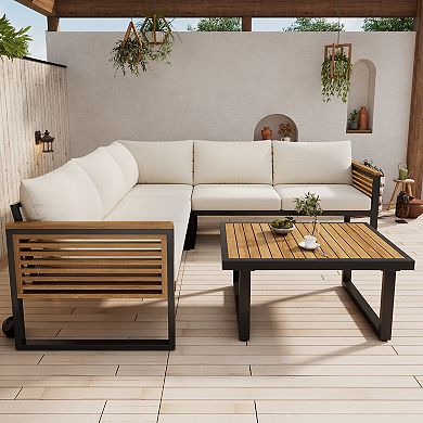 Outdoor 4-Piece Acacia Wood & Metal Patio Sofa Corner Set with Beige Cushions