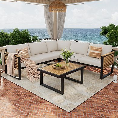 Outdoor 4-Piece Acacia Wood & Metal Patio Sofa Corner Set with Beige Cushions