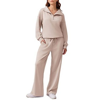 PINSPARK Women's 2 pc Outfit Quarter Zip Sweatshirt & Wide Leg Sweatpants Lounge Tracksuit