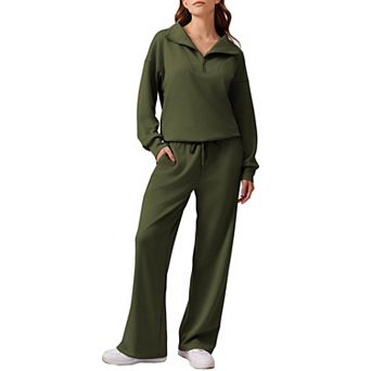 Pinspark Women's 2 pc Outfit Quarter Zip Sweatshirt & Wide Leg Sweatpants Lounge Tracksuit
