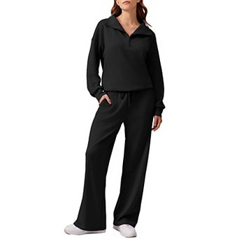 Pinspark Women's 2 pc Outfit Quarter Zip Sweatshirt & Wide Leg Sweatpants Lounge Tracksuit