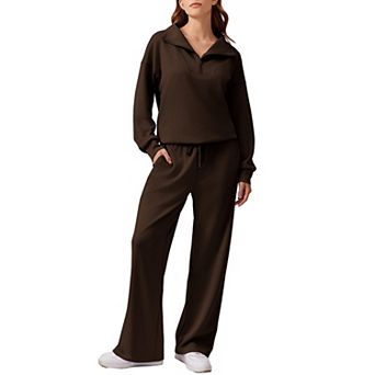Pinspark Women's 2 pc Outfit Quarter Zip Sweatshirt & Wide Leg Sweatpants Lounge Tracksuit