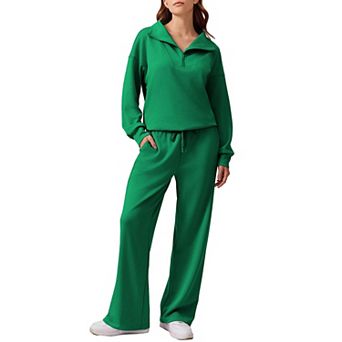 PINSPARK Women's 2 pc Outfit Quarter Zip Sweatshirt & Wide Leg Sweatpants Lounge Tracksuit