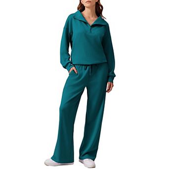 PINSPARK Women's 2 pc Outfit Quarter Zip Sweatshirt & Wide Leg Sweatpants Lounge Tracksuit
