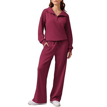 Pinspark Women's 2 pc Outfit Quarter Zip Sweatshirt & Wide Leg Sweatpants Lounge Tracksuit