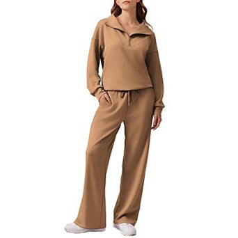 Pinspark Women's 2 pc Outfit Quarter Zip Sweatshirt & Wide Leg Sweatpants Lounge Tracksuit