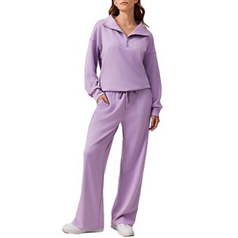 Pinspark Women's 2 pc Outfit Quarter Zip Sweatshirt & Wide Leg Sweatpants Lounge Tracksuit