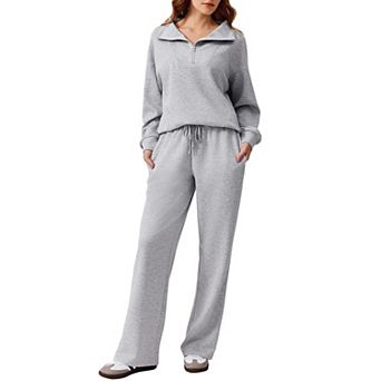 Pinspark Women's 2 pc Outfit Quarter Zip Sweatshirt & Wide Leg Sweatpants Lounge Tracksuit