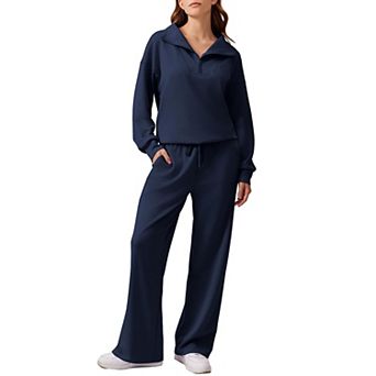Pinspark Women's 2 pc Outfit Quarter Zip Sweatshirt & Wide Leg Sweatpants Lounge Tracksuit