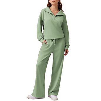 Pinspark Women's 2 pc Outfit Quarter Zip Sweatshirt & Wide Leg Sweatpants Lounge Tracksuit