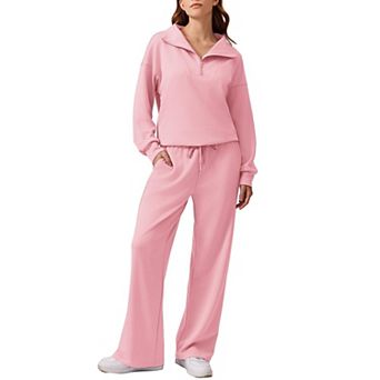 Pinspark Women's 2 pc Outfit Quarter Zip Sweatshirt & Wide Leg Sweatpants Lounge Tracksuit