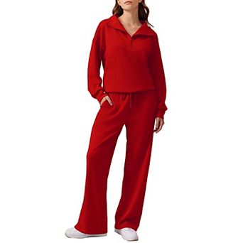 PINSPARK Women's 2 pc Outfit Quarter Zip Sweatshirt & Wide Leg Sweatpants Lounge Tracksuit