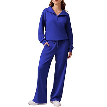 Pinspark Women's 2 pc Outfit Quarter Zip Sweatshirt & Wide Leg Sweatpants Lounge Tracksuit