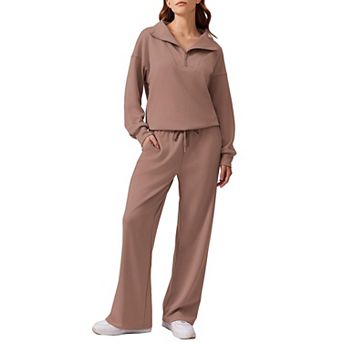 PINSPARK Women's 2 pc Outfit Quarter Zip Sweatshirt & Wide Leg Sweatpants Lounge Tracksuit