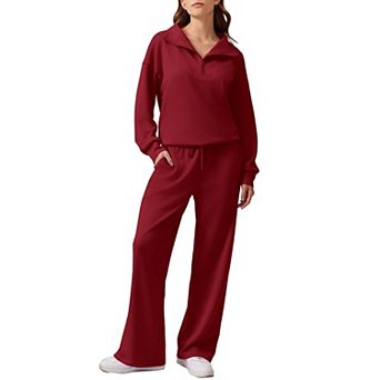 Pinspark Women's 2 pc Outfit Quarter Zip Sweatshirt & Wide Leg Sweatpants Lounge Tracksuit