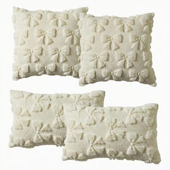 4-Pack Bow Pillow Covers, 18"x18" & 20"x12" Soft Faux Fur Cushion Case for Girls Bed Sofa Couch