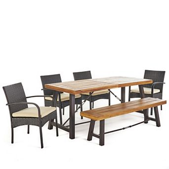 Furniture Set Wicker Dining Chair (Set of 4) with Table & Bench Brown Wicker with Beige Cushions