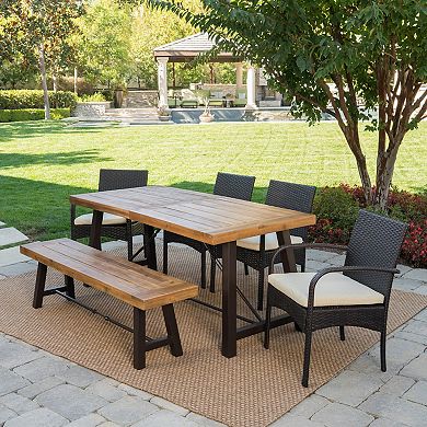 Furniture Set Wicker Dining Chair (Set of 4) with Table & Bench Brown Wicker with Beige Cushions