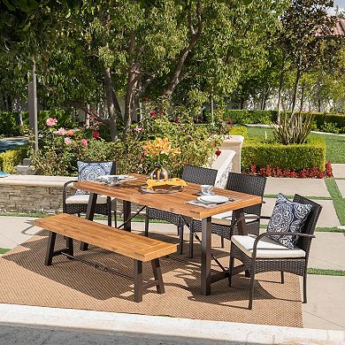 Furniture Set Wicker Dining Chair (Set of 4) with Table & Bench Brown Wicker with Beige Cushions