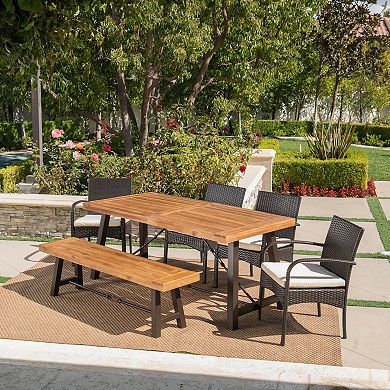 Furniture Set Wicker Dining Chair (Set of 4) with Table & Bench Brown Wicker with Beige Cushions