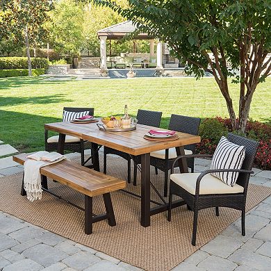 Furniture Set Wicker Dining Chair (Set of 4) with Table & Bench Brown Wicker with Beige Cushions