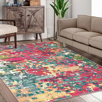 Modern Abstract Area Rug Machine Washable Low Pile Stain Resistant Carpet for Dining Room Bathroom