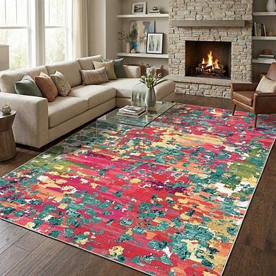 Modern Abstract Area Rug Machine Washable Low Pile Stain Resistant Carpet for Dining Room Bathroom