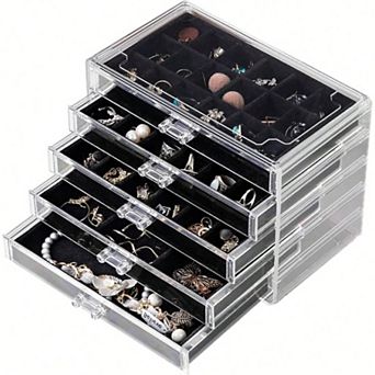 Acrylic Jewelry Organizer with 5 Drawers for Women - Velvet Trays, Stackable, Perfect Gift