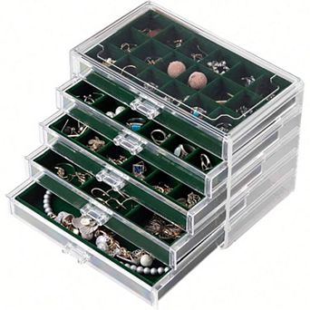 Acrylic Jewelry Organizer with 5 Drawers for Women - Velvet Trays, Stackable, Perfect Gift