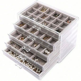 Acrylic Jewelry Organizer with 5 Drawers for Women - Velvet Trays, Stackable, Perfect Gift
