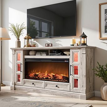 70" Farmhouse Fireplace TV Stand for 80" TVs, Media Console w/ Storage, LED lights for Living Room