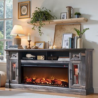 70" Farmhouse Fireplace TV Stand for 80" TVs, Media Console w/ Storage, LED lights for Living Room