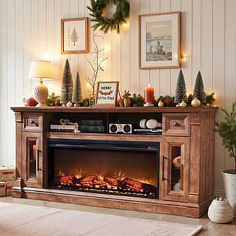 70" Farmhouse Fireplace TV Stand for 80" TVs, Media Console w/ Storage, LED lights for Living Room