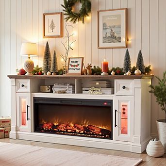 70" Farmhouse Fireplace TV Stand for 80" TVs, Media Console w/ Storage, LED lights for Living Room