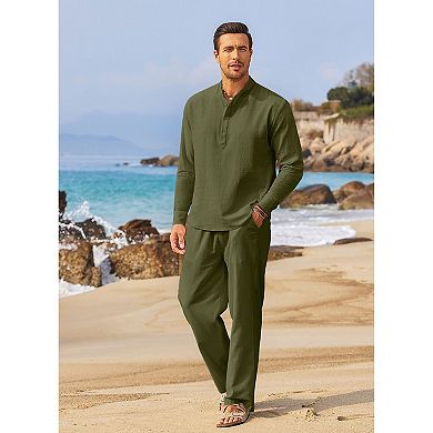 COOFANDY Men' 2 Pieces Cotton Linen Set Long Sleeve Henley Shirts Casual Beach Pants With Pockets