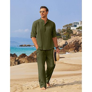 COOFANDY Men' 2 Pieces Cotton Linen Set Long Sleeve Henley Shirts Casual Beach Pants With Pockets