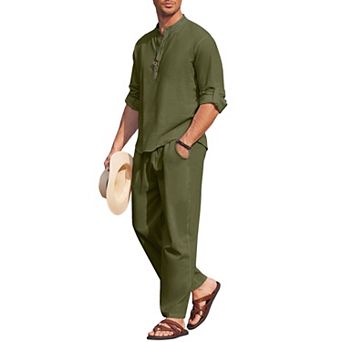 COOFANDY Men' 2 pc Cotton Linen Set Long Sleeve Henley Shirts Casual Beach Pants With Pockets