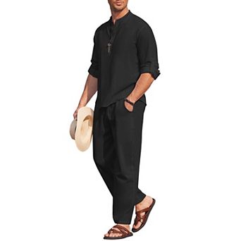 COOFANDY Men' 2 pc Cotton Linen Set Long Sleeve Henley Shirts Casual Beach Pants With Pockets