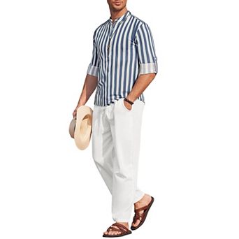 COOFANDY Men' 2 pc Cotton Linen Set Long Sleeve Henley Shirts Casual Beach Pants With Pockets