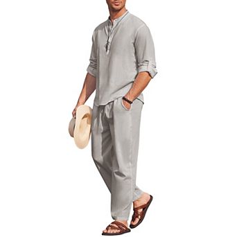 COOFANDY Men' 2 pc Cotton Linen Set Long Sleeve Henley Shirts Casual Beach Pants With Pockets