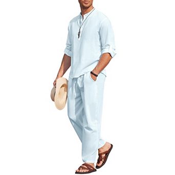 COOFANDY Men' 2 pc Cotton Linen Set Long Sleeve Henley Shirts Casual Beach Pants With Pockets