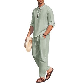 COOFANDY Men' 2 pc Cotton Linen Set Long Sleeve Henley Shirts Casual Beach Pants With Pockets