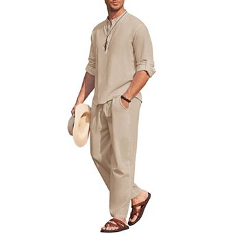 COOFANDY Men' 2 pc Cotton Linen Set Long Sleeve Henley Shirts Casual Beach Pants With Pockets