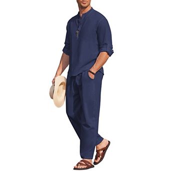 COOFANDY Men' 2 pc Cotton Linen Set Long Sleeve Henley Shirts Casual Beach Pants With Pockets