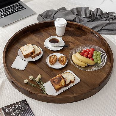 Round Black Walnut Solid Wood Serving Tray Ottoman Tray