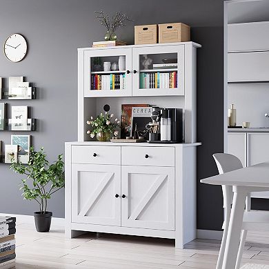 Kitchen Pantry Cabinet with Microwave Stand, Freestanding Hutch Cabinet with Buffet Cupboard